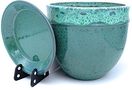Sun Cakes Ceramic Plant Pot Glazed with Saucer Round Terracotta with Drip Tray Flower Pot Clay Coloured Flower Pot Bella (14cm x 12cm, Green)