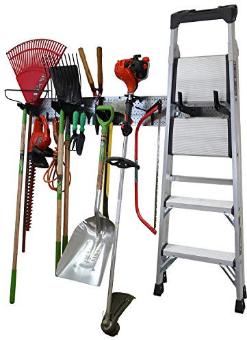 Wall Control Garage Storage Rack Lawn & Garden Tool Organization Wall Mount Organizer - Easy to Install 64 Wide Strong Galvanized Steel Pegboard Set (Shiny Metallic Pegboard)