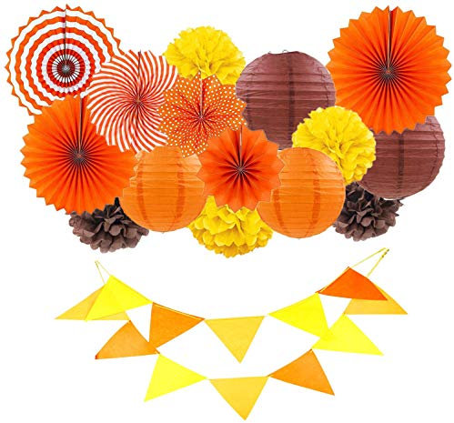 Set di 16 decorazioni per feste autunnali, ventagli di carta, pompon, fiori, lanterne triangolari, ghirlande, per autunno, festa del Ringraziamento, matrimoni, feste di compleanno