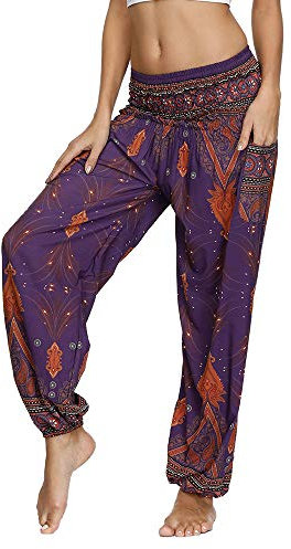Nuofengkudu Damen Hippie Haremshose Yogahose mit Taschen Thai High Waist Yoga Hosen Leichte Dünn Boho Ethno Muster Strand Sommerhose Pumphose Freizeithose(W-Dunkel Lila Pfau,One Size)