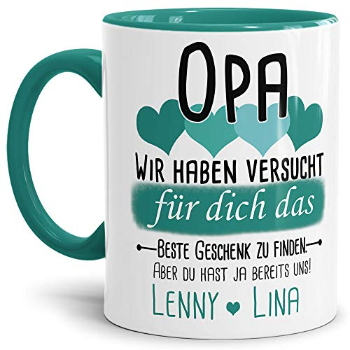 Tassendruck Geschenk Tasse mit Spruch PERSONALISIERT - Bestes Geschenk für Opa von Enkelkindern - Kaffee-Tasse/Geschenkidee Geburtstag Vatertag/Vatertagsgeschenk - Innen & Henkel Türkis