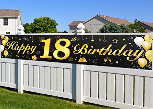 18. Geburtstagsfeier Dekorationen Banner für Jungen und Mädchen, wesentliche Dekoration für 18. Geburtstagsfeier, lange Größe Schwarz und Gold 18. Geburtstag Banner 210×40cm (82,7×15,7 Zoll)