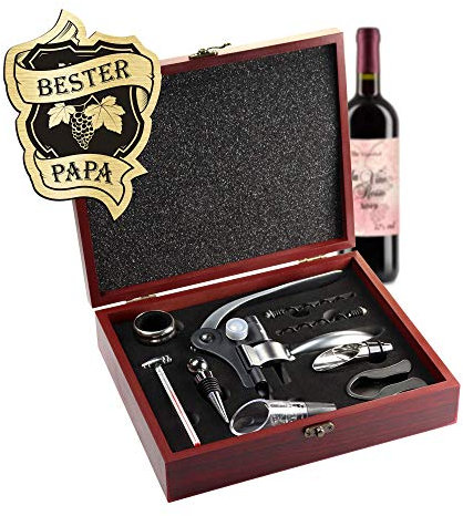 AMAVEL Sommelier Set mit 10 Wein-Accessoires, Geschenkbox aus Holz mit Plakette und Gravur für den Bester Papa, Motiv Weinranke, Geschenk für Weinliebhaber