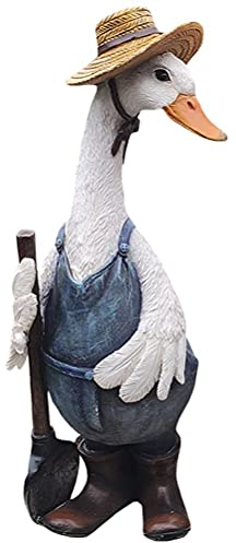 WINBST Deko Gans,Harz Ente mit Schürze und Strohhut Garten Willkommensschild Fleißige Ente Garten-Deko Gartenstecker Figur Terrasse Wetterfest