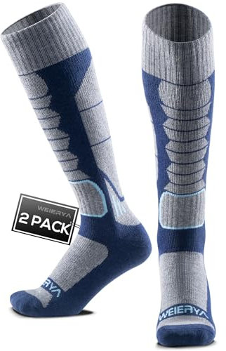 WEIERYA Skisocken,Thermische Gepolsterte Ski Socken für Skifahren,Snowboarden,Outdoor Wintersport für Herren Damen,Blau 2 Paar (37-40)