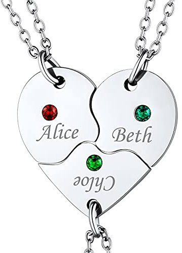 Friendship Necklace for 3 Personalised Engraving Stainless Steel Heart Jiwsaw Birthstone Necklaces Gifts for Bff Family