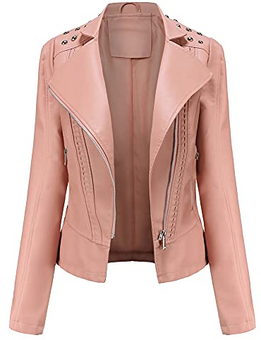 YFFUSHI - Giacca da donna in ecopelle PU, stile motociclista, classica, corta, aderente, rosa, XXL