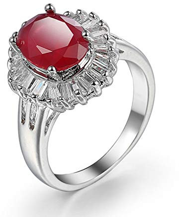 Banemi Modeschmuck Versilbert Ringe, Engagement Ring Women Rot Zirkonia Oval Damen Verlobungsring Größe 52 (16.6)