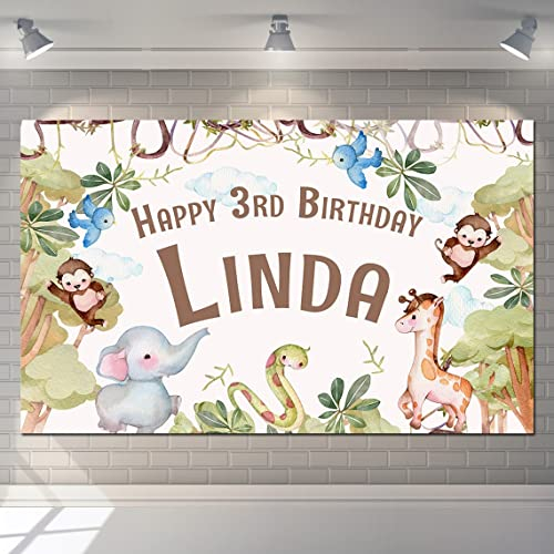 Happy Birthday Backdrop Background Banner Personalised Animal jungle trees Sign Poster Fabric Party Decoration Supplies Kids Baby Children-1st 2nd 3rd 4th 5th…