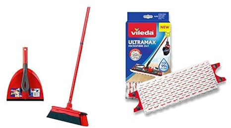 Vileda DuActiva Besen mit 3-TLG Stiel und 2in1 Kehrset & UltraMax Bodenwischer Ersatzbezug, 1er-Pack, für alle Vileda Flachwischsysteme, entfernt über 99 Prozent der Bakterien, Weiß/Rot, normal
