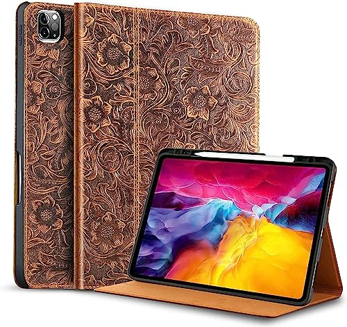 Gexmil Leder Hülle für iPad Pro 12,9 Zoll 6./5./4./3. Generation 2022/2021/2020/2018 Echt Leder Cover mit Stylus Halter,Stoßfest Automatischer Schlaf/Aufwachen,Einstellbarer Ständer,Blume Braun