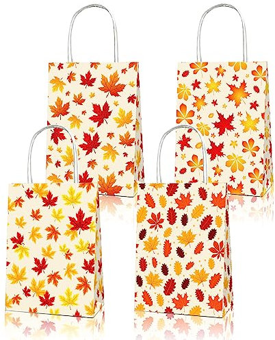Herbst Geburtstag Deko, 12 Stück Autumn Papiertüten mit Henkel, Ahornblatt Geschenktüten aus Kraftpapier, Geschenk Tüten, bunt Blätter Party Geschenktasche klein für kinder Party gift bag Gelb Rot