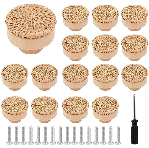 ZIOYA 16 Piezas Pomos de Madera, con Destornillador y Tornillo, Tiradores de Ratán para Cajones Aparador Armarios Cocina (1.57 Pulgada)