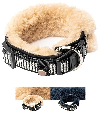 Chris innovatives Hundehalsband aus Lammwolle, Halsband vermindert erheblich Haarbruch, gepolstert, reflektierend, verstellbar, für kleine mittel große Hunde in L (45-55cm)