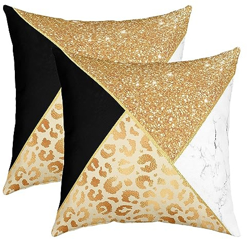 richhome Golden Leopard Print Kissenbezüge Set Von 2, Gold Pailletten Print Schwarz Weiß Marmor Textur Wurf Kissenbezüge 40x40, Geometrie Dreieck Patchwork Raum Dekor Für Couch Und Bett