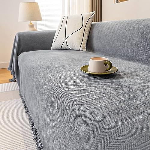 Homxi Sofabezug 4 Sitzer,180x400CM,Sofahusse Universal Einfarbig mit Quaste Chenille Sofa Überwurf Sofa Handtuch Grau Sofabezug Sitzer
