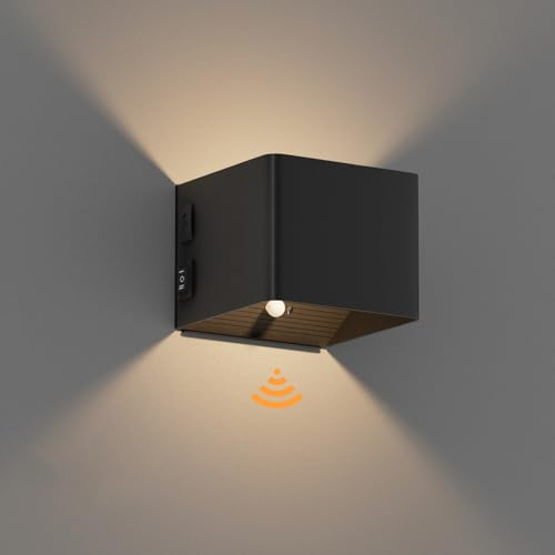 Coinmit LED innenwandleuchte mit Bewegungssensor, 3000K Wiederaufladbare Wandlampe, 5500mAh Akku Wandleuchte, kabellose Wandlampe mit USB für Innenräume, Treppenhäuser. Schwarz