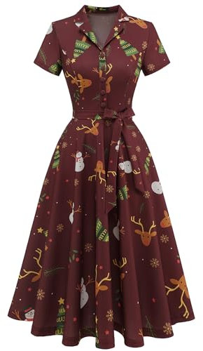 Wedtrend Petticoat Kleid Damen Rockabilly Kleider Damen Elegant Abendkleid Midi mit Ärmeln Kleid Informell Freizeitkleid WTP30001 BurgundyChristmasDeer S