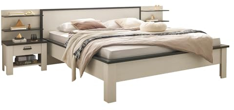 Schlafzimmer Set Liegefläche 180 x 200 cm in weiß Pinie und grau/anthrazit 5-teilige Kombination mit Doppelbett, 2X Nachttisch, 2X Wandregal Schlafzimmermöbel im Industrial Design Stove (Set 1)