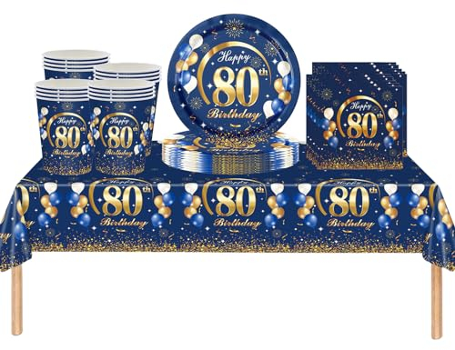 53Pcs Navy Blue Happy 80th Birthday Party Tableware Plastic Table Cloth,Paper Plates,Napkins and Cups for Man Birthday Table Decorations Disposable Party Tableware Set for Adults Birthday Party