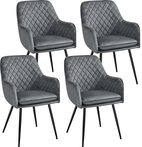 Yaheetech Esszimmerstühle 4er Set Küchenstühle, Polsterstühle mit Armlehnen Metallbeine, Seesel aus Samtstoff für Arbeitszimmer/Wohnzimmer, Dunkelgrau