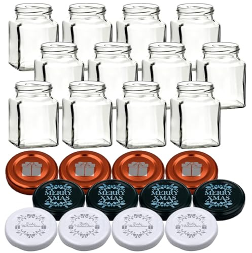 gouveo 12er Set Einmachgläser 314 ml (0,31 l) Einmachgläser 314 ml eckig Twist-Off Schraubdeckel TO 63, Klarglas Vorratsgläser für Marmelade, Gewürze, Gelee, Weihnachtsmotive Set 5 (PACKCODE)