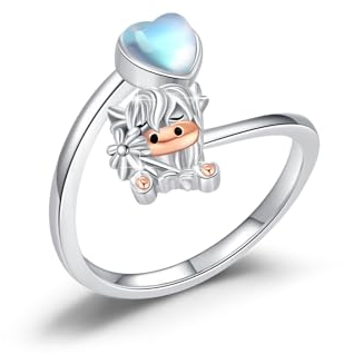 ABIGY Highland Kuh Ring 925 Sterling Silber Mondstein Ringe Gänseblümchen Ring Offen Verstellbar Ring Amulett Tierring Hochland Kuh Schmuck für Damen Mädchen