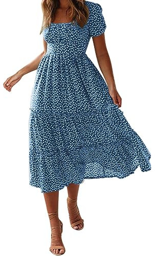 robe longue femme chic et elegant ete fluide robe de plage femme sexy chic decollete robe boheme femme fleurie col carré manche courte robe evasee femme mi longue décontractée mode (Blue, S)