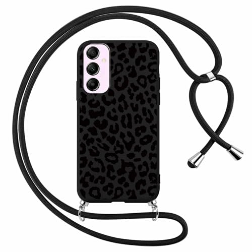 Foonary Coque pour Samsung Galaxy A55 5G avec Cordon de Collier, Aesthetic Léopard Motif Étui Housse Réglable Lanyard Corde, Souple Silicone Antichoc Protection Case pour Samsung A55 6,5, Noir Chaîne