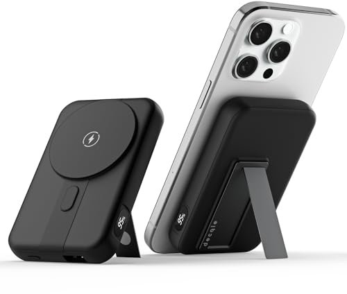 decqle 001 Magnetic Wireless Power Bank 10000mAh Foldable Stand Battery Pack Portable Charger Compatible with MagSafe for iPhone 12/13/14/15 Series 2024 (Black)002