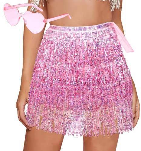 Pailletten Rock, Pailettenrock für Damen Gläser Set, Glitzerrock + Gläser, Quasten Glitzer Rock, Mini Rock für Damen und Mädchen, Rosa Bauchtanz Lateintanz Hula-Performance Kostüm, Steampunk Stil