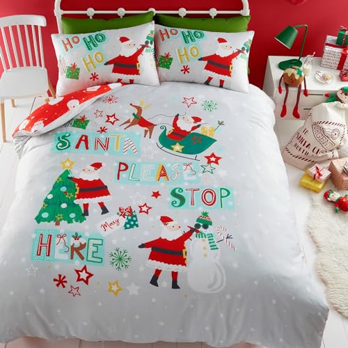 Bedlam - Housse de Couette Père Noël Rouge - Lit Simple (140 x 200 cm) - Design réversible (Gris/Rouge) - Housse de Couette de Noël pour Enfants - Parure de lit Père Noël Dessin animé - Literie de