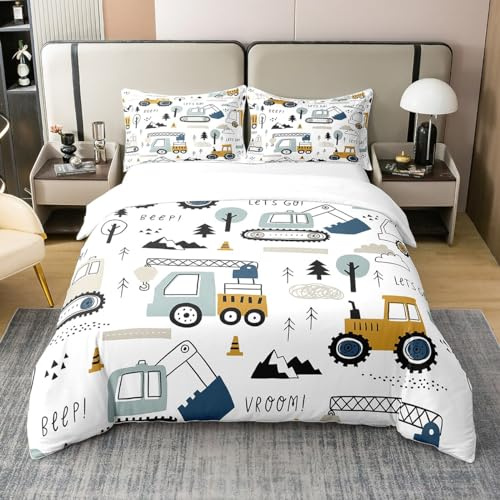 Homemissing Bettwäsche-Set für Auto, Cartoon, Bau, Bettbezug, 140 x 200 cm, 100 % Baumwolle, für Jungen, Ausrüstung, LKW, Bettwäsche, Bagger, Traktor, Weiß, Gelb
