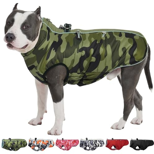 IKIPUKO Hundemantel, Winterjacke, groß, warm, mit Reißverschluss, Schneeanzug, Hundegeschirr, Weste, reflektierend, wasserabweisend, für große Hunde, Französische Bulldogge, Mops, Camouflage
