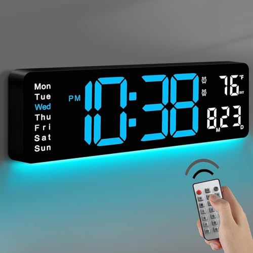 16.5 Digital Clock Large LED Display with 10 RGB Colors, Remote Control, Auto DST Date Day Alarm Temperature, Wall Mount Clock for Home, Bedroom, Classroom, Office, Desk, Birthday Xmas Gift