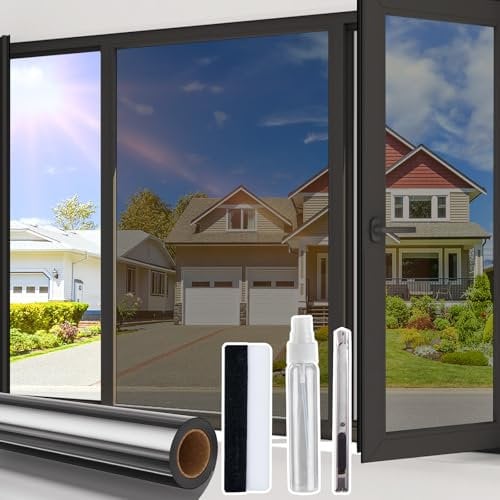 Beautysaid One Way Window Film Privacy Film for Glass Windows, Heat Control Reflective Mirror Window Tint Film Home, UV Sun Blocker Anti Glare Vinyl House Doors Cover with Tools, Black, 60 x 1000cm