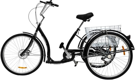 KLOOLIVE 26 Zoll Dreirad für Erwachsene 3 Räder Fahrrad Senioren Trike 6 Gang mit Einkaufskorb Reflektierende Licht (Schwarz)