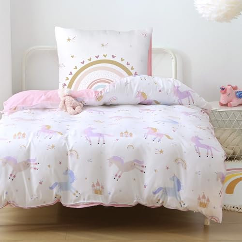 Fekohipy Bettwäsche 135x200 Mädchen Einhorn Kinderbettwäsche Rosa 3D-Druck Mikrofaser Regenbogen Kinder Bettbezug mit Reißverschluss und 1 Kissenbezug 80x80cm 2-teilige Kinderbettwäsche-Set