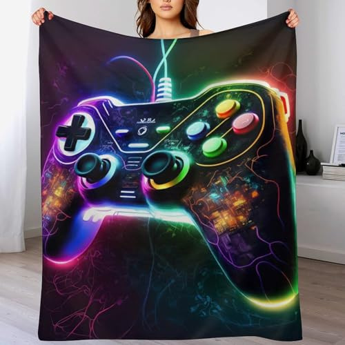 GGJJTT Gaming Neon Manettes de Jeu Plaid Couverture Polaire, Couverture en Peluche en Toute Saison Légère Chaude Super Douce Moelleuse pour Lit Et Canapé-lit（180×200cm）