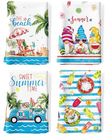 Arquiel Lot de 4 Torchons de Cuisine Plage D'été Décoratif Essuie Main Absorbante 100% Coton Torchon Vaisselle Saisonnier Cadeaux pour Crémaillère et Cuisine 48 cm x 70 cm