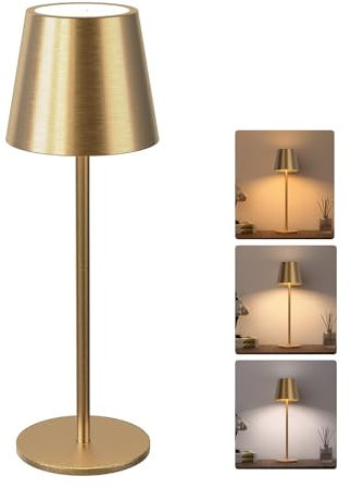 JACKYLED Tischlampe Kabellos, Wiederaufladbar mit 5000mAh Akku, 3 Höhen Verstellbar, 3 Farbtemperaturen Dimmbar, Tragbare LED-Wasserdichte Tischlampe für Esszimmer, Schlafzimmer, Tischlampe Gold