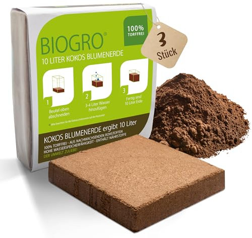 BioGro® Kokoserde gepresst im Quellbeutel - Biologisch abbaubare, torffreie Blumenerde aus Kokosfasern ideal als Anzuchterde (10 Liter, 3 Stück)