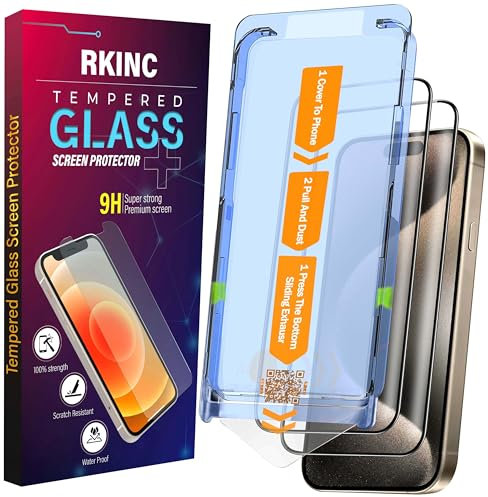 RKINC Screen Protector [2-Pack] for iPhone 15 Pro Max [Automatic Installation] Tempered Glass HD [10X Military Grade Protection] Scratch-Resistant, Shatter-Proof