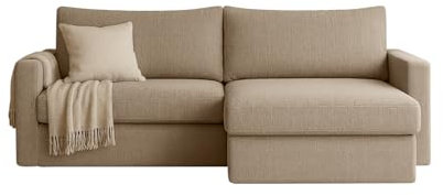 FARO MINI Ecksofa mit Schlaffunktion & Stauraum – Kompaktes Schlafsofa mit HR-Kaltschaum & Wellenfederung – Leichter Aufbau – moderner Faro Stoff – 224×140 cm (Beige, Rechts)