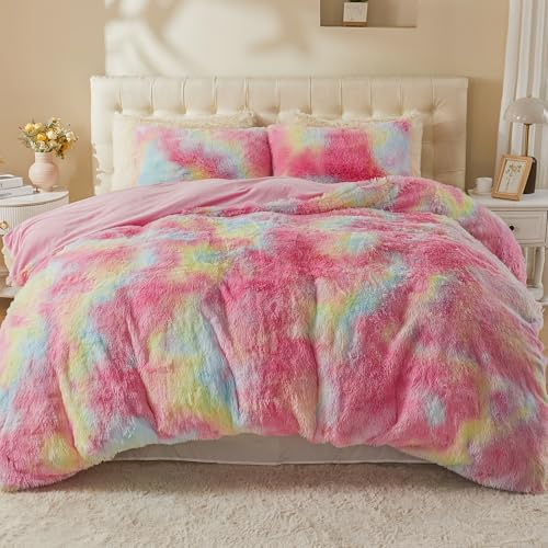 EMME Plüsch Bettwäsche Set 200x200cm, Regenbogen-Buntes Rosa | Biber Flauschige Bettdecke Set für Bett Shaggy und Plüsch weiche Bettwäsche Bettbezüge und 2 Kissenbezug 80x80cm