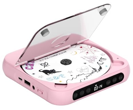 ENVYCLOUD CD Player Portable with Dual Stereo Speakers, Rechargeable Portable CD Player with Bluetooth for Home with Headphones, Support CD/AUX/USB,Pink