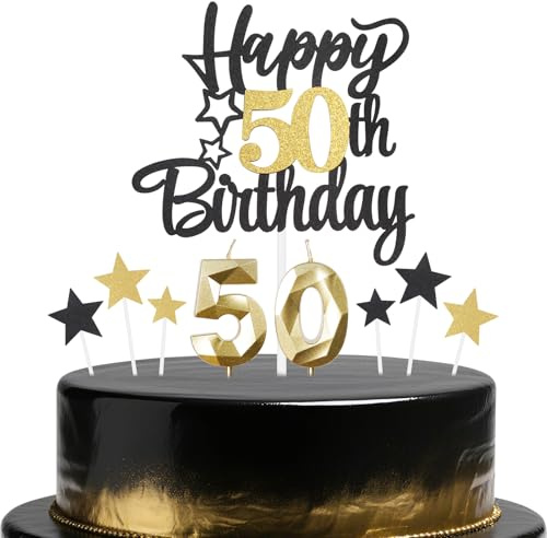 Black Gold 50th Birthday Candles Cake Toppers Set,50th Birthday Decorations for Men,Golden Number 50 Candle for Cake,Gold Candle Black Star Cupcake Toppers for Men Women Birthday Party Supplies