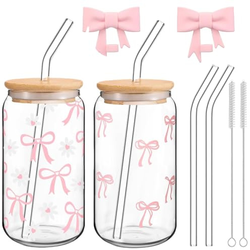 Exquilnova 16OZ Pink Bow Glass Cups with Lids and Straws Set,2PCS 500ml Iced Coffee Cups with Cleaning Brushes,Cute Glass Tumblers for Tea,Coffee,Jucie,Gifts for Women,Girls(Sunflower&Pink Bow)