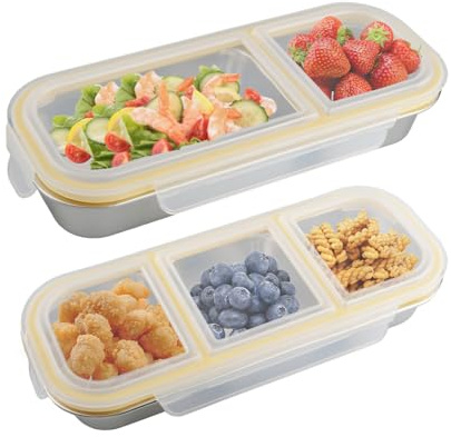 WakiHong 2 Pcs Snack Box with 3 Compartments and Stainless Steel Snack Box
