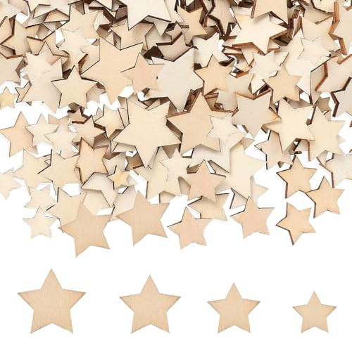 CUVZORA 200 Stück Holzsterne Gemischt, Mini Stern Holz Sterne Scheiben 10/12/15/20mm, Holzstern-Dekorationen, für DIY Basteln, Weihnachts Deko, Ornamente Weihnachtsfeier Tischdeko